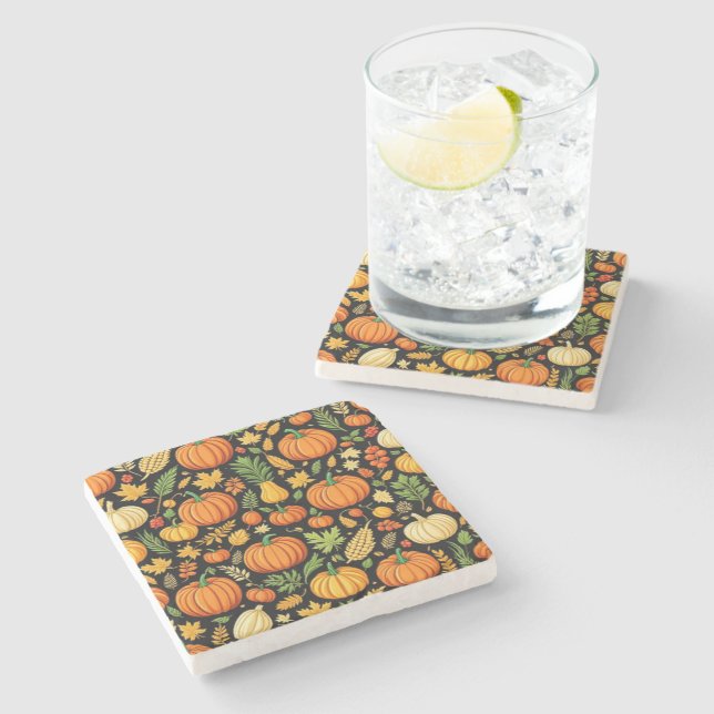 Pumpkin Pattern Harvest Day Autumn Stone Coaster (Side)