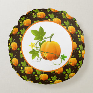 Pumpkin Pattern on Dark Brown Fall Season Round Cushion