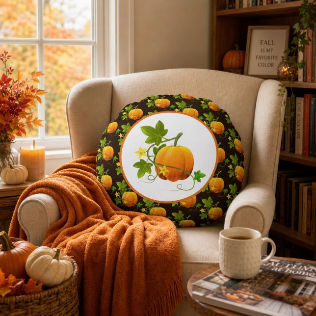 Pumpkin Pattern on Dark Brown Fall Season Round Cushion (Creator Uploaded)
