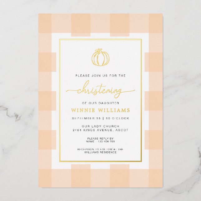 Pumpkin Peach Gingham Christening Foil Invitation (Front)