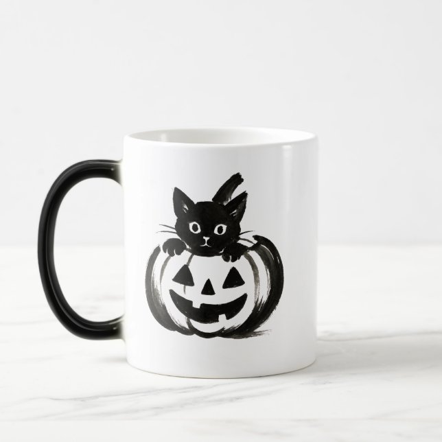 Pumpkin Peek – Black Cat Halloween Design on  Magic Mug (Left)