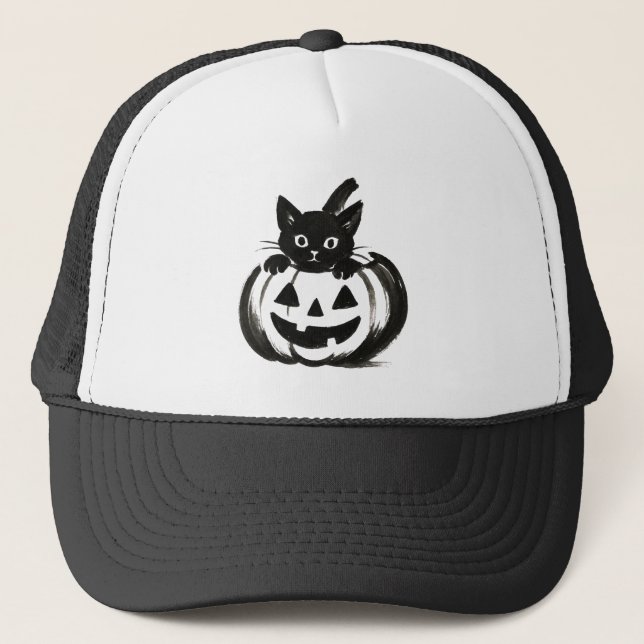 Pumpkin Peek – Black Cat Halloween Design on  Trucker Hat (Front)