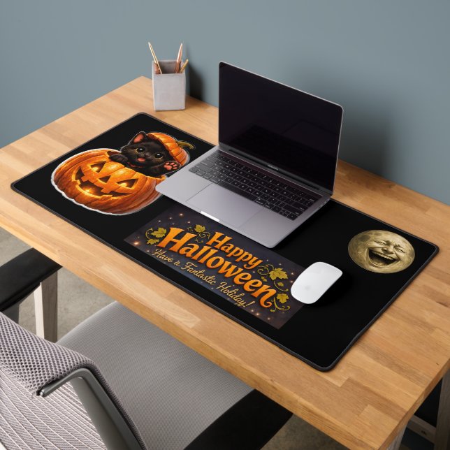 Pumpkin peeking kitty and moon whimsical Halloween Desk Mat (Office 2)