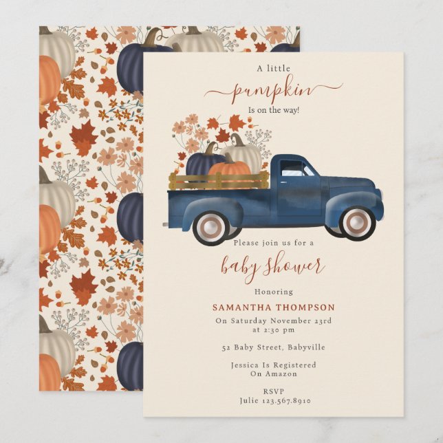 Pumpkin Pickup Truck Fall Autumn Baby Shower Boy Invitation (Front/Back)