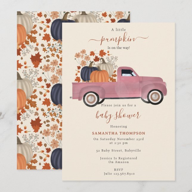 Pumpkin Pickup Truck Fall Autumn Baby Shower Girl Invitation (Front/Back)