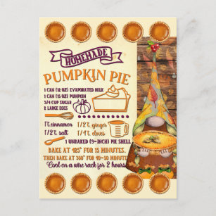 Pumpkin Pie Recipe Card Gnome   Postcard