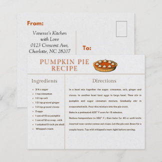 Pumpkin Pie Recipe Card Thanksgiving and Christmas