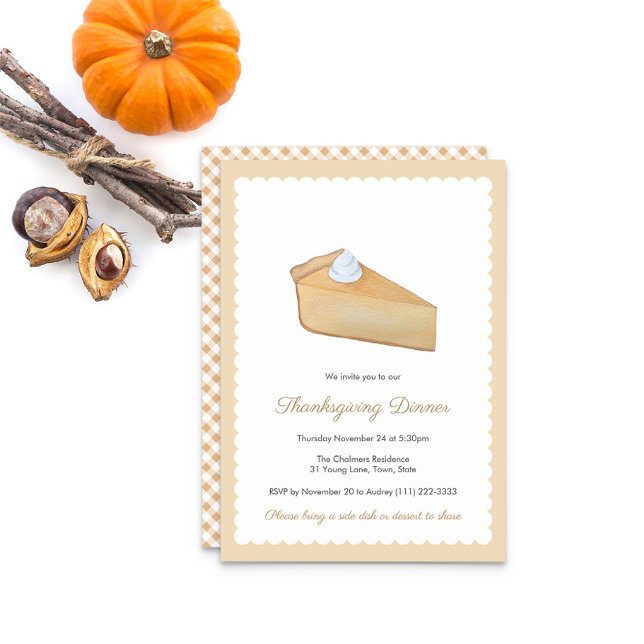 Pumpkin Pie Thanksgiving or FriendsGiving Dinner Invitation (Watercolor Pumpkin Pie Slice Friendsgiving Or  Thanksgiving Invitation With Scalloped effect border)