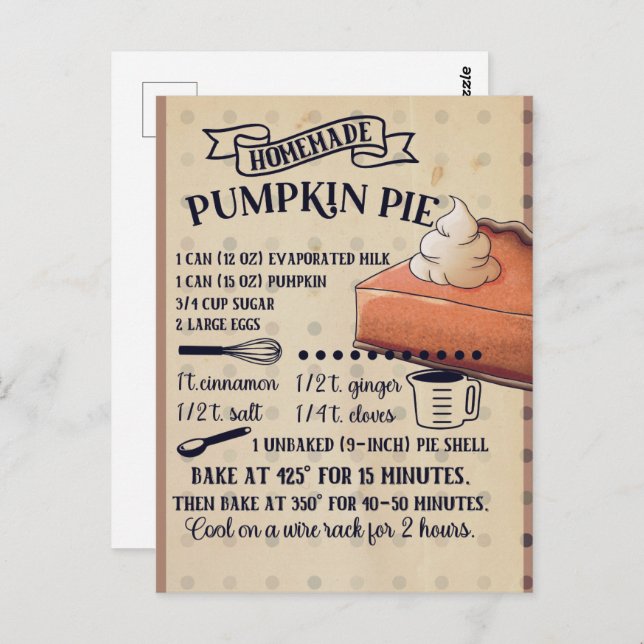 Pumpkin Pie Thanksgiving Recipe Postcard (Front/Back)
