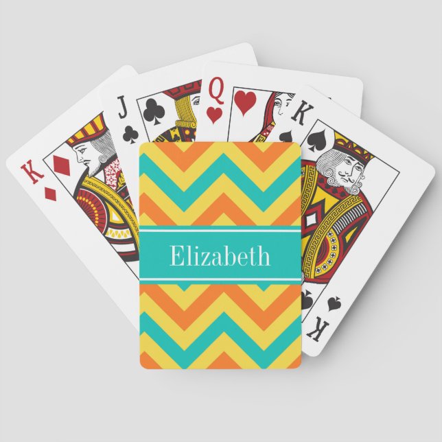 Pumpkin Pineapple Teal LG Chevron ZigZag Monogram Playing Cards (Back)