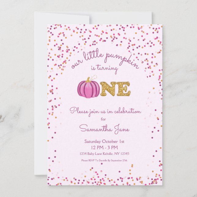 Pumpkin Pink and Gold Girl 1st Birthday Confetti Invitation (Front)