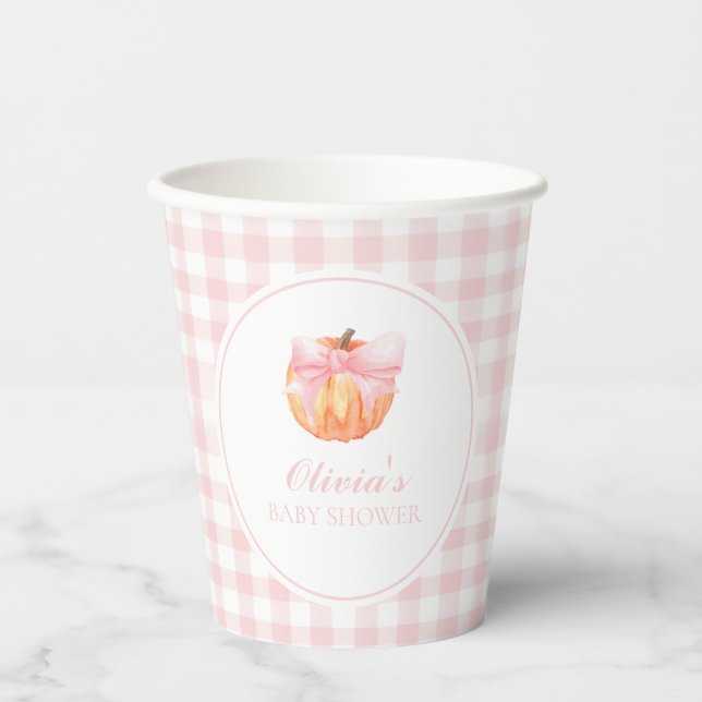 Pumpkin Pink bow and gingham baby shower Paper Cups (Front)