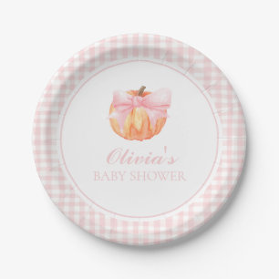 Pumpkin Pink bow and gingham baby shower Paper Plate