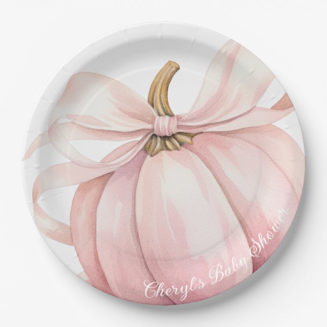 Pumpkin Pink Bow Baby Shower Paper Plate (Front)