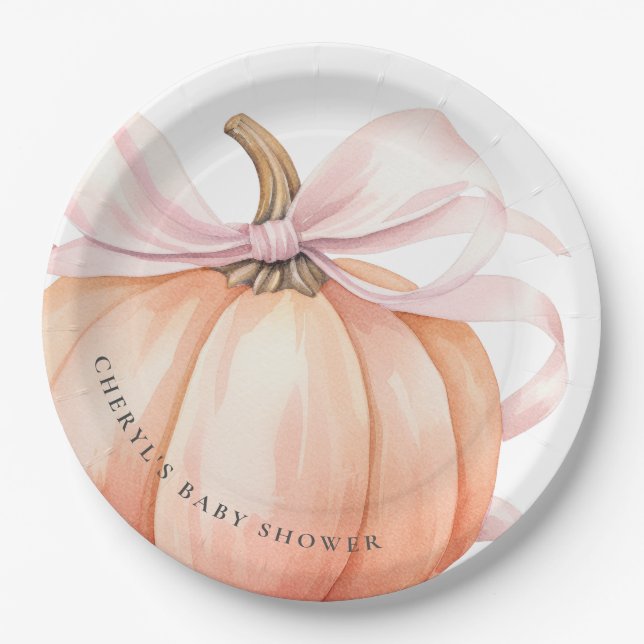 Pumpkin Pink Bow Baby Shower Paper Plate (Front)