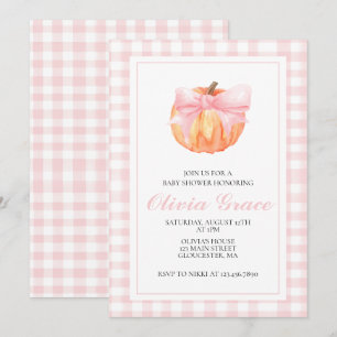 Pumpkin Pink bow Plaid baby shower Invitation