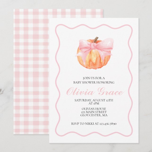 Pumpkin Pink bow Plaid baby shower Invitation (Front/Back)