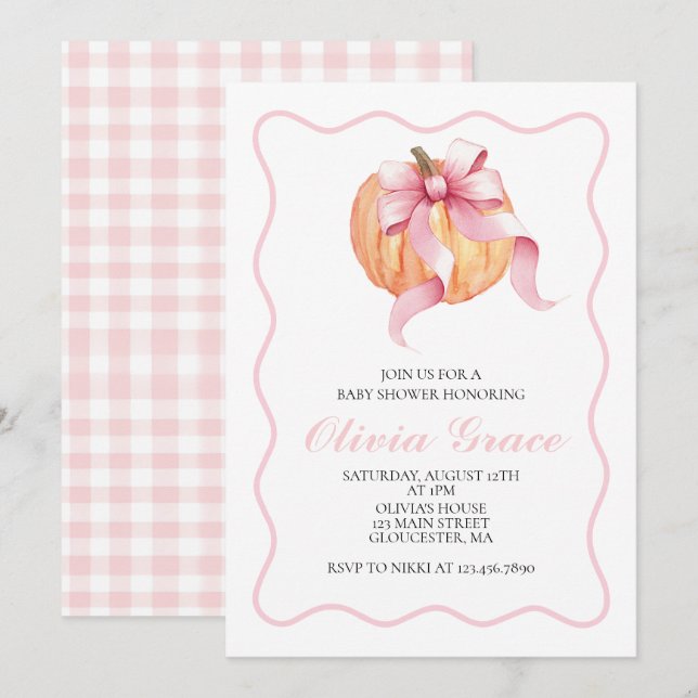 Pumpkin Pink bow Plaid baby shower Invitation (Front/Back)