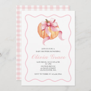 Pumpkin Pink bow Plaid baby shower Invitation