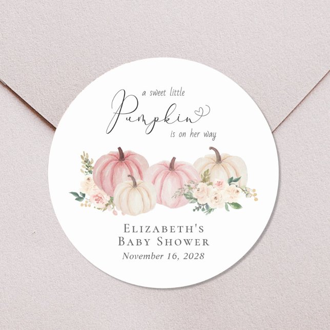 Pumpkin Pink Floral Baby Girl Shower Classic Round Sticker (Creator Uploaded)