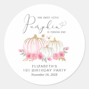 Pumpkin Pink Floral Girl 1st Birthday Party Classic Round Sticker