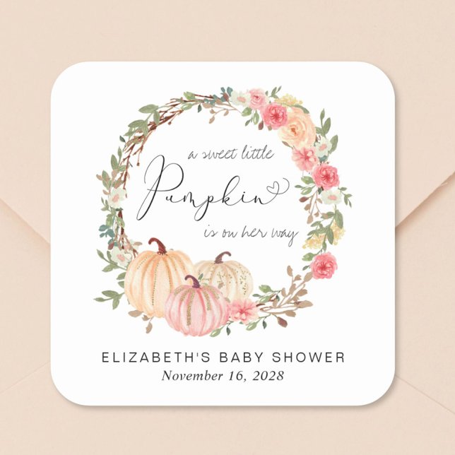Pumpkin Pink Floral Girl Baby Shower Square Sticker (Creator Uploaded)