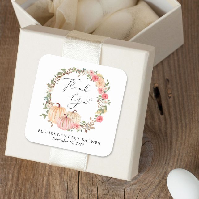 Pumpkin Pink Floral Girl Baby Shower Thank You Square Sticker (Creator Uploaded)