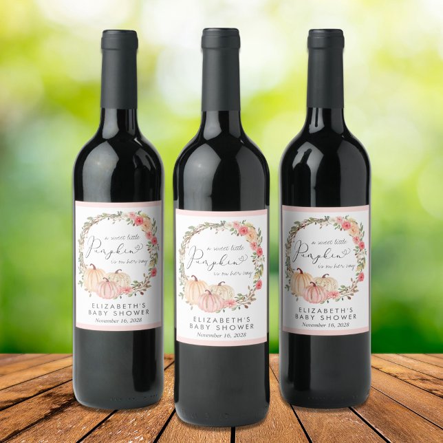 Pumpkin Pink Floral Girl Baby Shower Wine Label (Creator Uploaded)