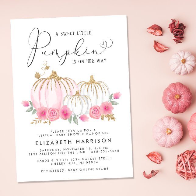 Pumpkin Pink Floral Virtual Baby Girl Shower Invitation (Celebrate the upcoming arrival of your autumn baby girl with a pumpkin-themed virtual baby shower)