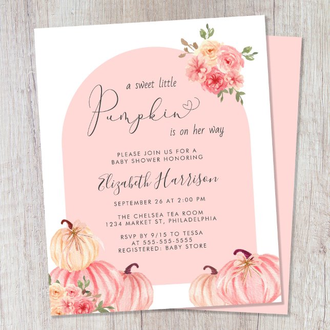 Pumpkin Pink Floral Watercolor Baby Girl Shower (Celebrate the upcoming arrival of your sweet little autumn baby with a pumpkin-themed baby shower)