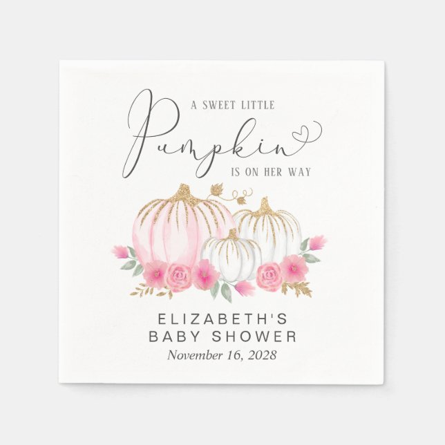 Pumpkin Pink Floral Watercolor Baby Girl Shower Napkin (Front)