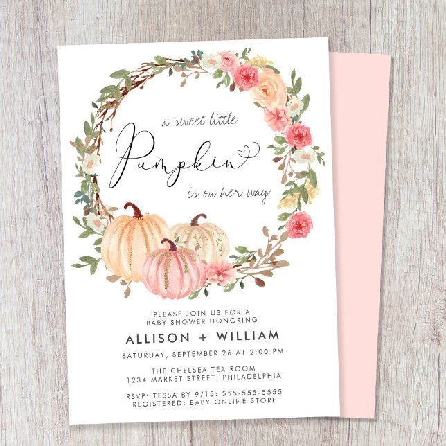 Pumpkin Pink Floral Watercolor Couples Baby Shower Invitation (Celebrate the upcoming arrival of your sweet little autumn baby with a pumpkin-themed baby shower)