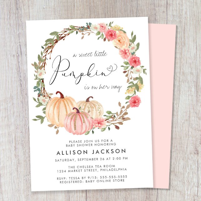 Pumpkin Pink Floral Watercolor Girl Baby Shower Invitation (Celebrate the upcoming arrival of your sweet little autumn baby with a pumpkin-themed baby shower)