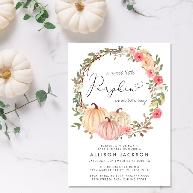 Pumpkin Pink Floral Watercolor Girl Baby Sprinkle Invitation (Celebrate the upcoming arrival of your sweet little autumn baby with a pumpkin-themed baby shower)