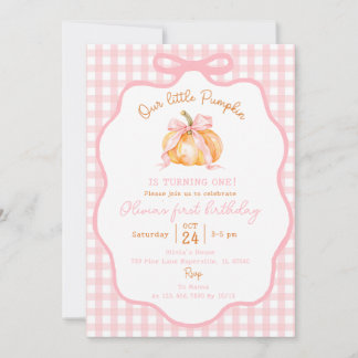 Pumpkin Pink Gibgham First Birthday Invitation