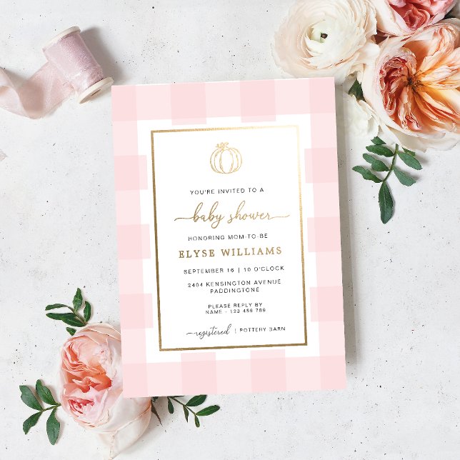 Pumpkin Pink Gingham Baby Shower Foil Invitation (Creator Uploaded)