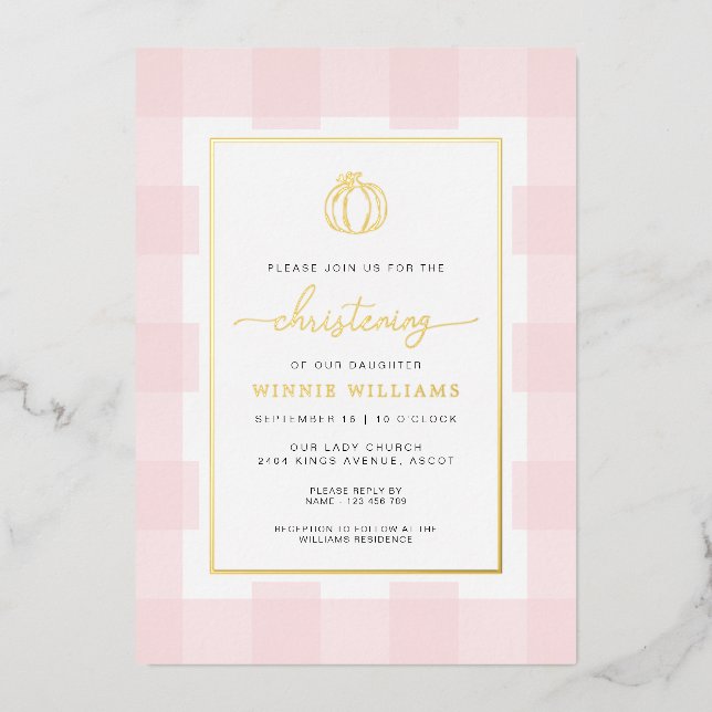Pumpkin Pink Gingham Christening Foil Invitation (Front)