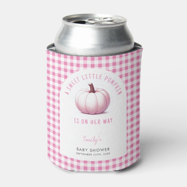 Pumpkin Pink Gingham Plaid Baby Girl Baby Shower Can Cooler (Can Front)