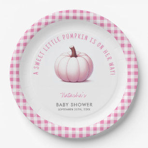 Pumpkin Pink Gingham Plaid Baby Girl Baby Shower Paper Plate