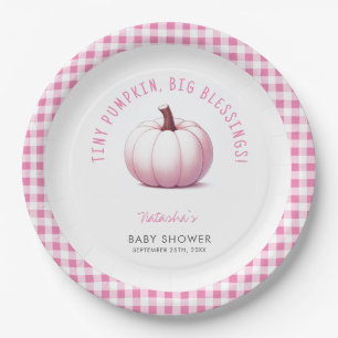 Pumpkin Pink Gingham Plaid Baby Girl Baby Shower Paper Plate