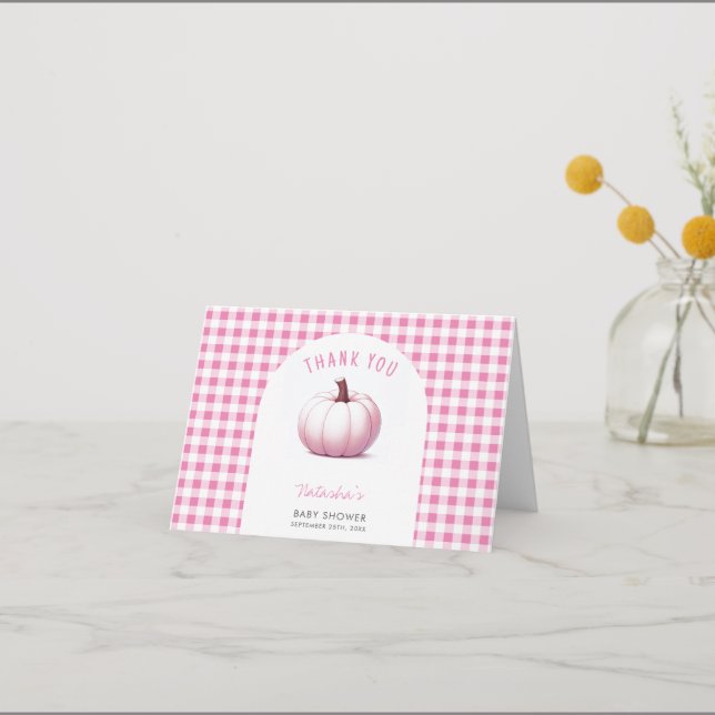 Pumpkin Pink Gingham Plaid Baby Girl Baby Shower Thank You Card (Front)