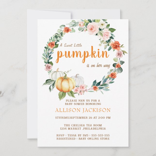 Pumpkin Pink  Girl Baby Shower Floral  Watercolor  Invitation (Front)