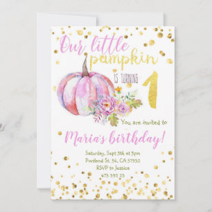 Pumpkin Pink Gold Confetti Girl Birthday Invitation