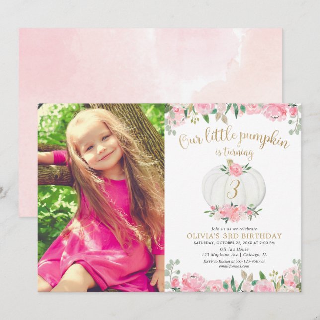 Pumpkin pink gold floral any age birthday photo invitation (Front/Back)
