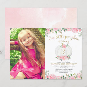 Pumpkin pink gold floral any age birthday photo invitation