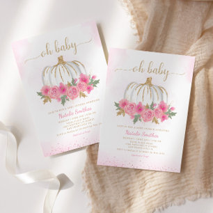 Pumpkin pink gold floral fall girl baby shower invitation