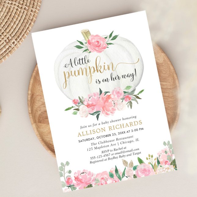Pumpkin pink gold floral fall girl baby shower invitation (Creator Uploaded)