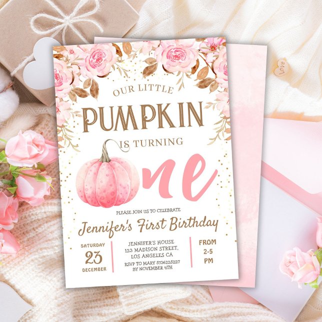 Pumpkin Pink & Gold Girl Floral Fall 1st Birthday Invitation (Creator Uploaded)