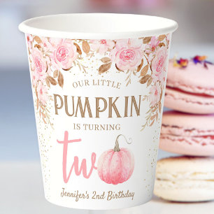 Pumpkin Pink & Gold Girl Floral Fall 2nd Birthday Paper Cups