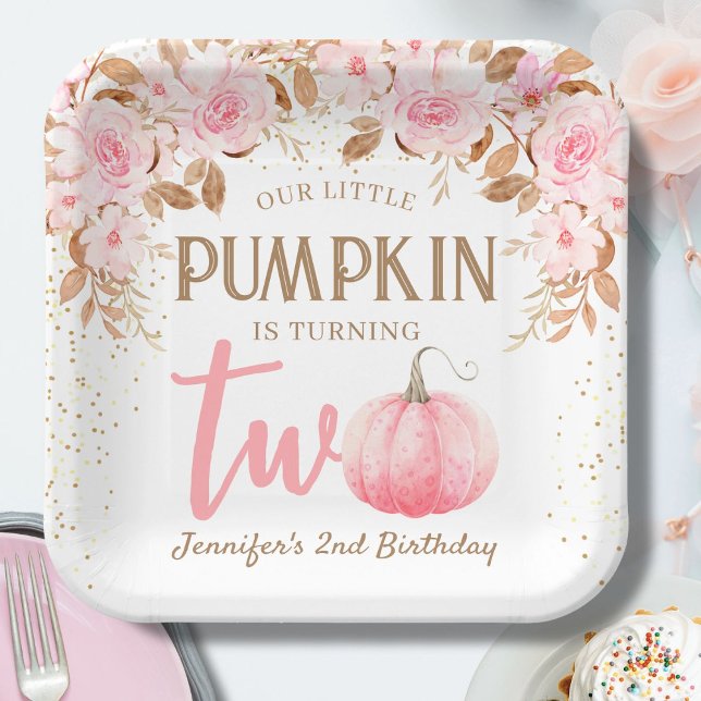 Pumpkin Pink & Gold Girl Floral Fall 2nd Birthday Paper Plate (Creator Uploaded)